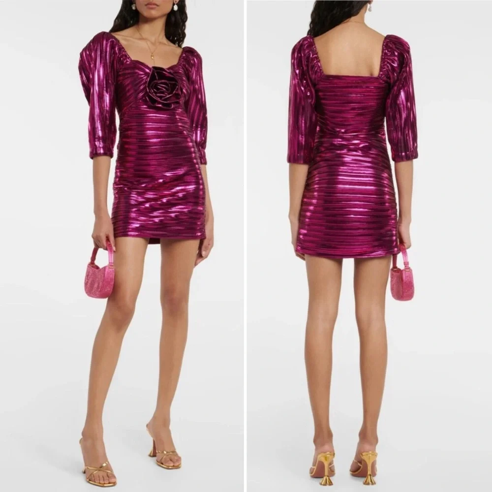 •LOVESHACKFANCY• Thompson Rose Appliqué Metallic Minidress in Fuchsia‎ Size 0 - Picture 14 of 15